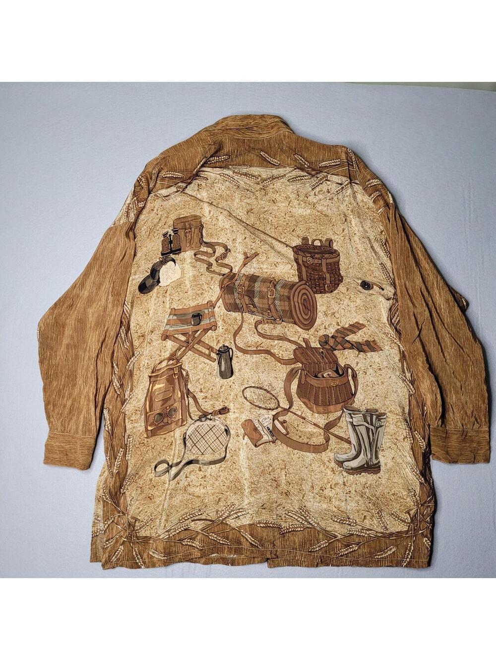 VTG Company Ellen Tracy Womens Brown 100% Silk Button Down Large Picnic Scenery - Picture 4 of 9